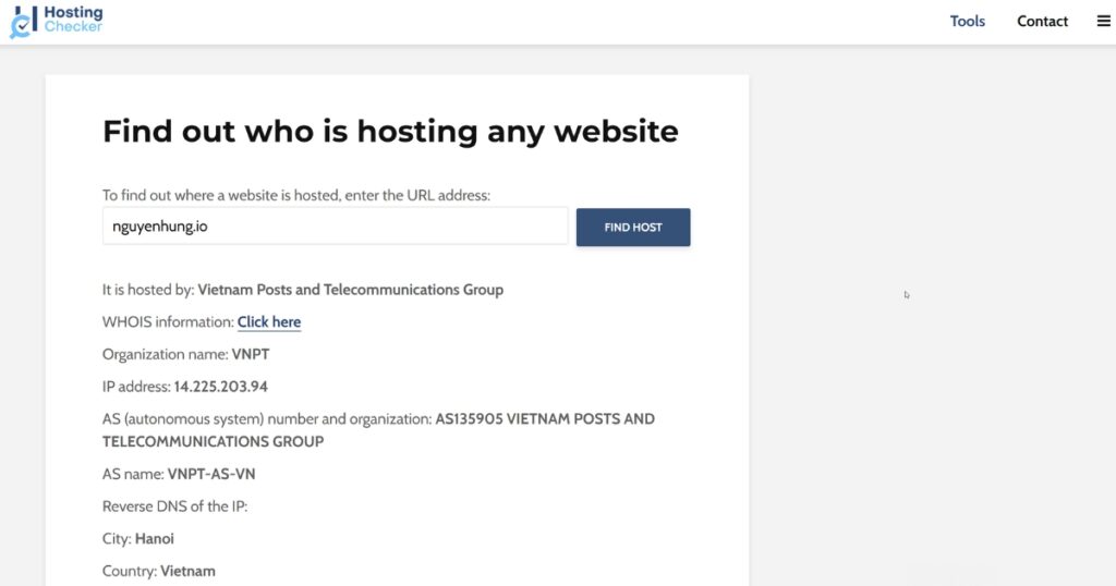 Thông tin về website được hiển thị bên dưới