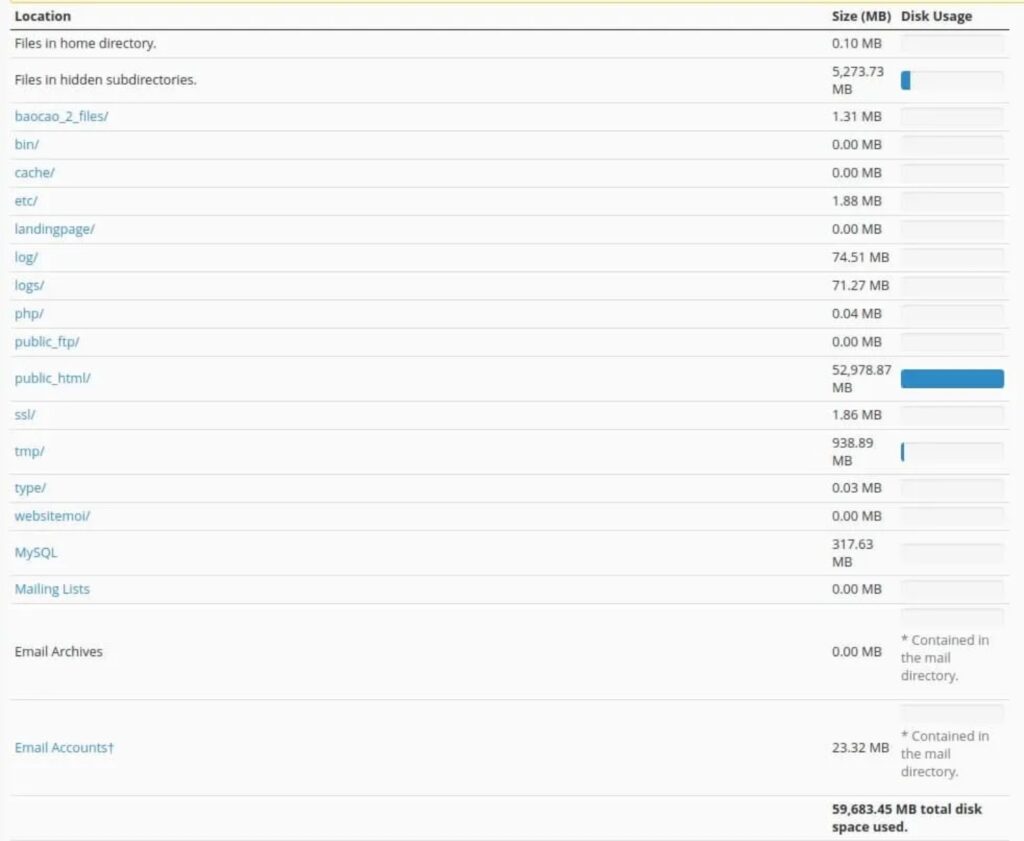 Trang Disk Usage sẽ hiển thị tổng dung lượng đã sử dụng