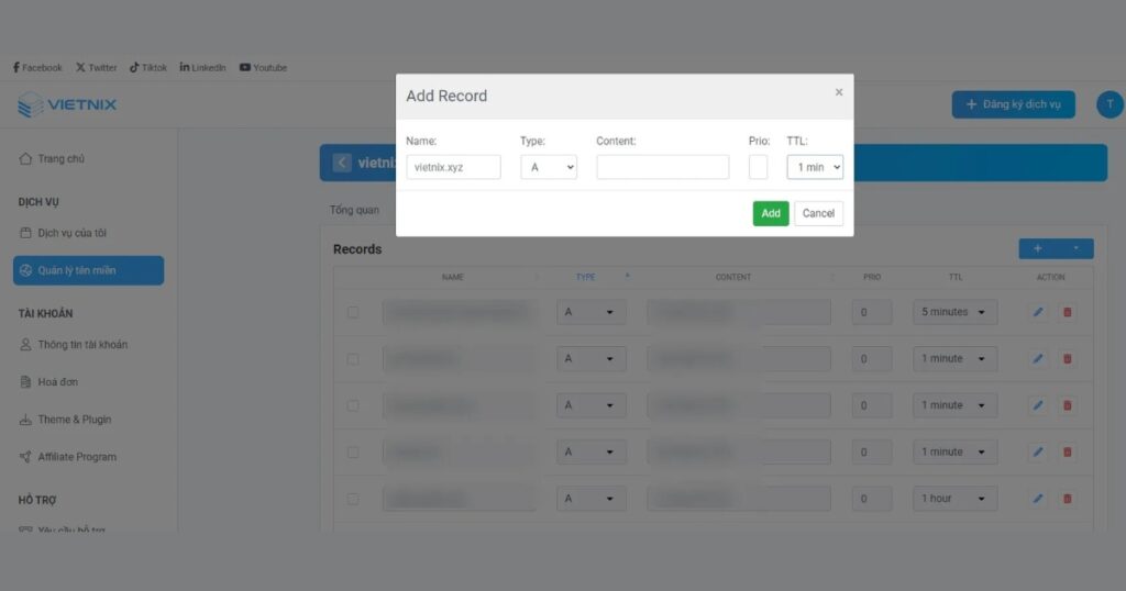Trong giao diện quản lý DNS, tìm nút Thêm bản ghi