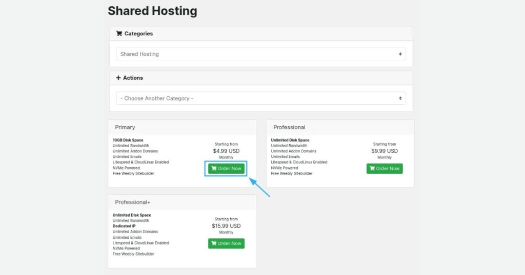 Đầu tiên, bạn truy cập vào trang chủ của HawkHost và tìm đến mục dịch vụ Shared Hosting