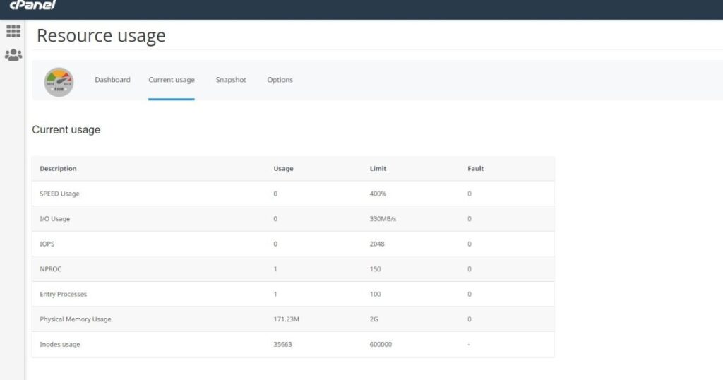 Giao diện Resource Usage trong cPanel