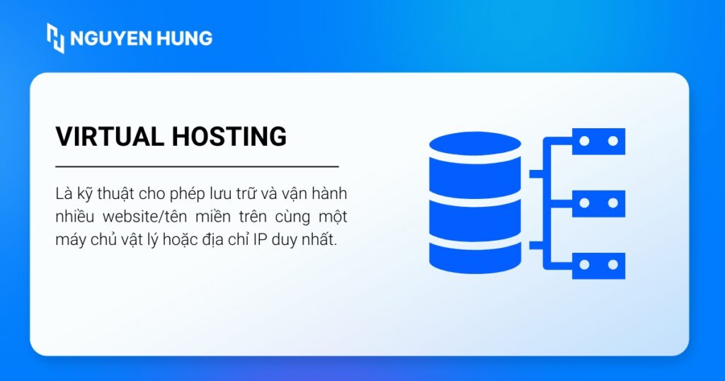 Virtual hosting là kỹ thuật cho phép lưu trữ và vận hành nhiều website/tên miền trên cùng một máy chủ vật lý hoặc địa chỉ IP