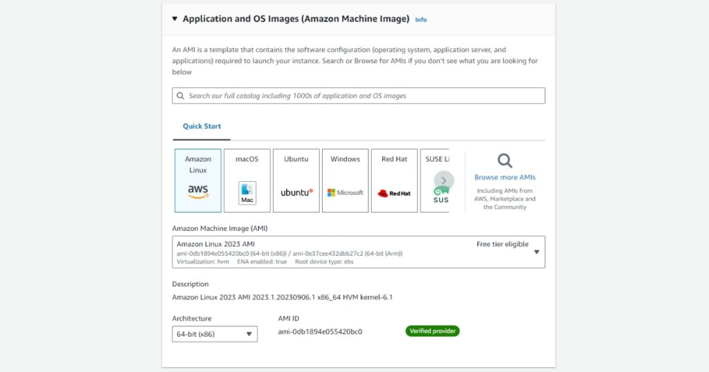 Trong mục Application and OS Images, bạn sẽ thấy nhiều lựa chọn