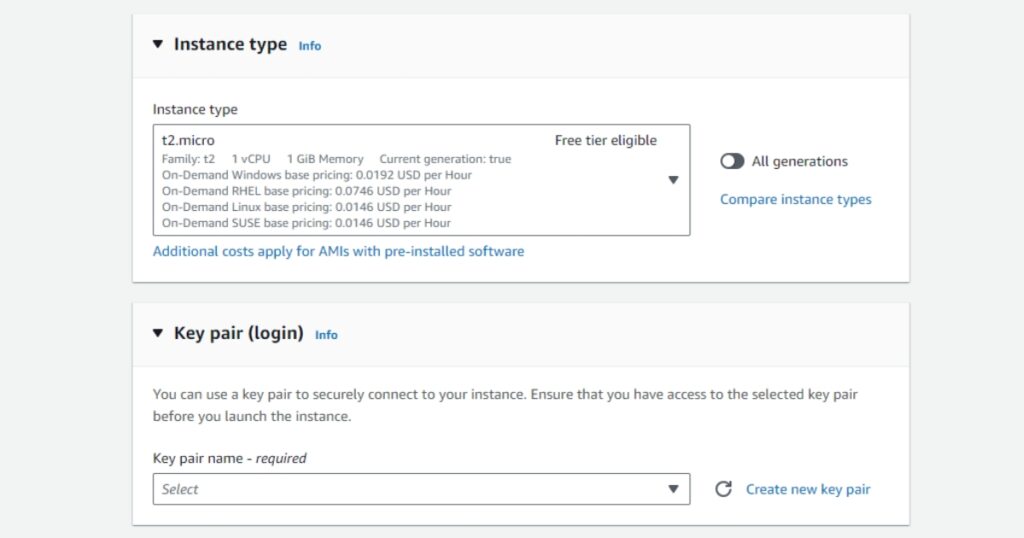 Trong mục Instance type, bạn cần chọn loại instance nằm trong chương trình Free Tier