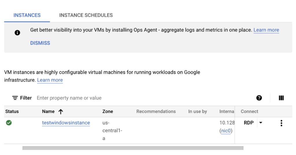 VM vừa tạo xuất hiện trong danh sách tại trang VM Instances