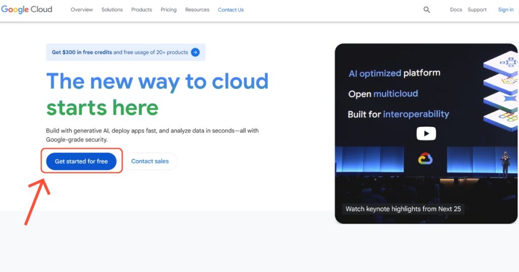 Truy cập trang chủ Google Cloud và chọn Get started for free