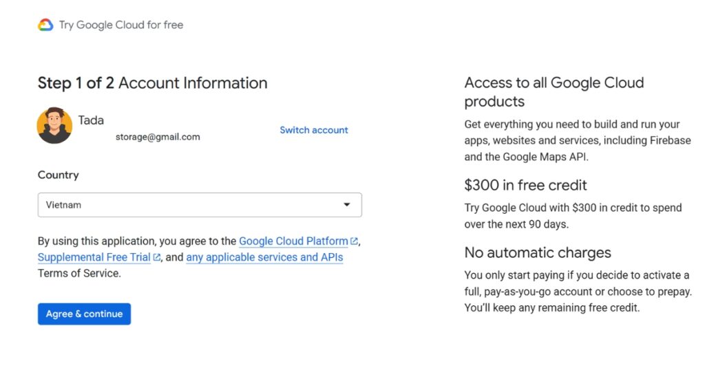 Chọn quốc gia Việt Nam rồi click chọn Agree & continue
