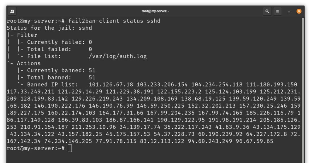 log của Fail2ban hiển thị 51 IP vừa bị chặn