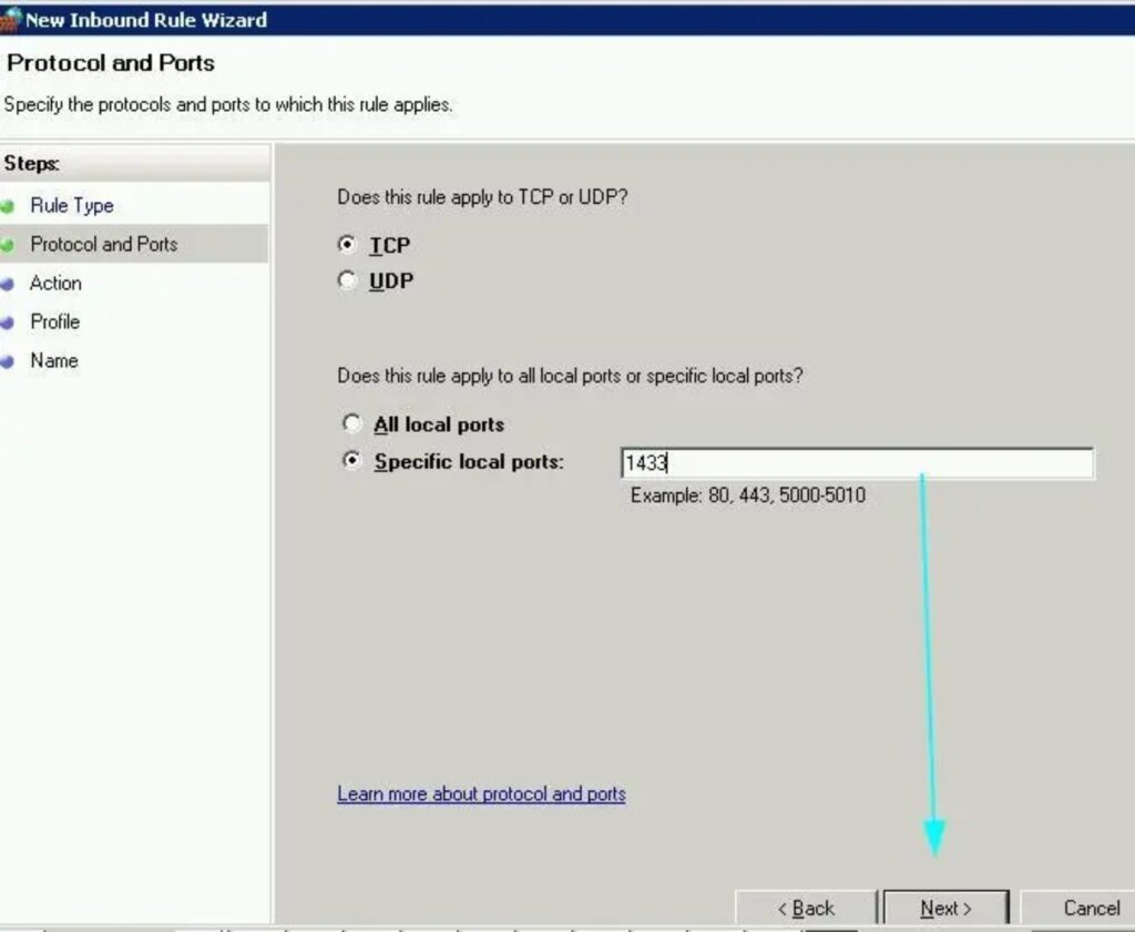 Sau đó chọn TCP hoặc UDP và chỉ định số cổng cụ thể