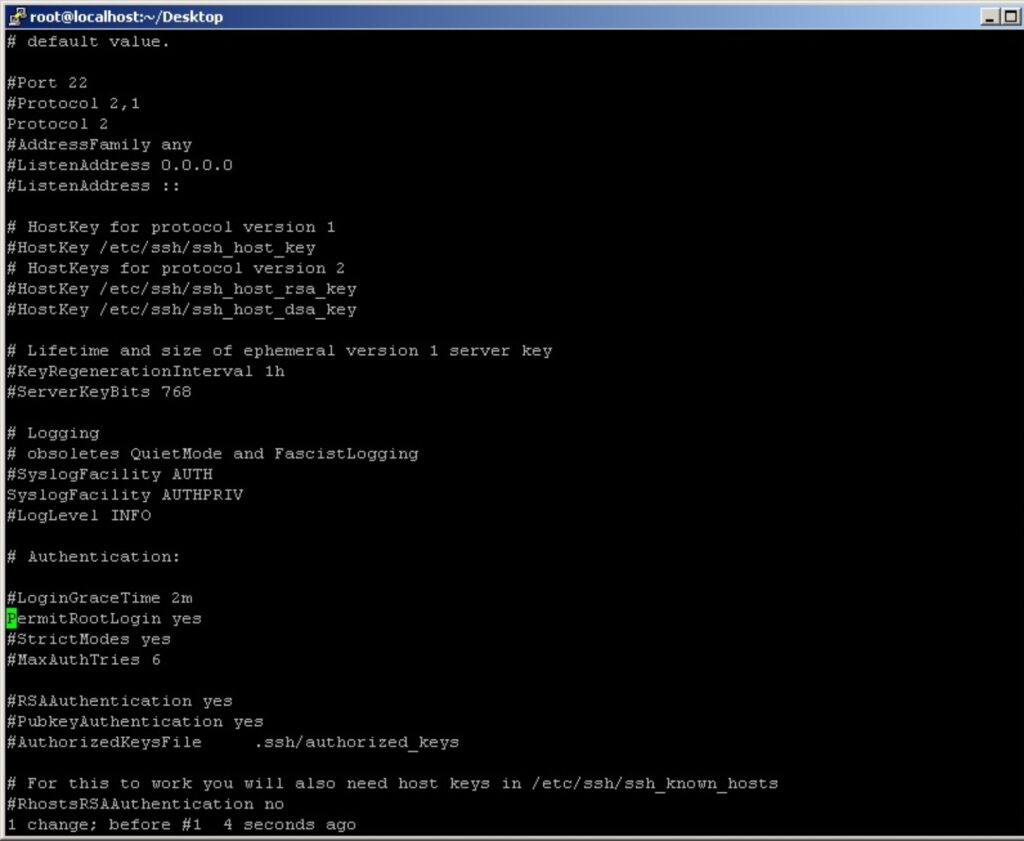 file sshd_config với các thông tin quan trọng về Port, PermitRootLogin, PasswordAuthentication