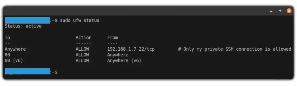 Terminal Linux hiển thị kết quả của lệnh sudo ufw status