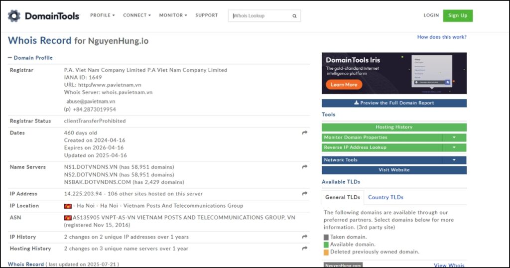 Các Thông tin tên miền và hosting chính nhận được