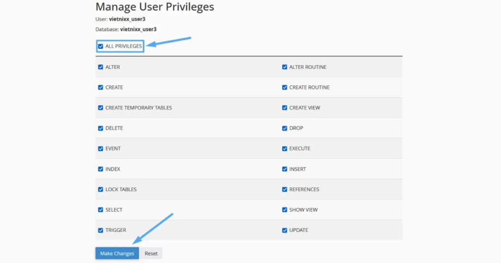 Trên trang Manage User Privileges tiếp theo, tích vào ô ALL PRIVILEGES