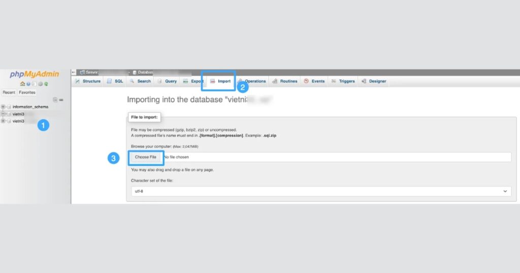 Chọn cơ sở dữ liệu vừa tạo và sử dụng chức năng Import để tải tệp .sql lên