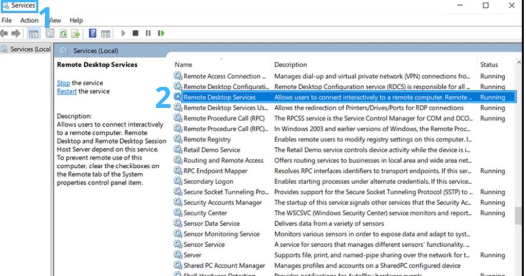 Bạn cần đảm bảo cột Status phải hiển thị là Running