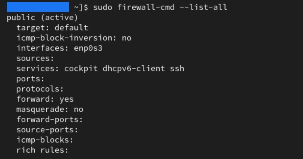 Nhập lệnh sudo firewall-cmd --list-all để liệt kê chi tiết toàn bộ cấu hình hiện tại của firewall zone đang hoạt động