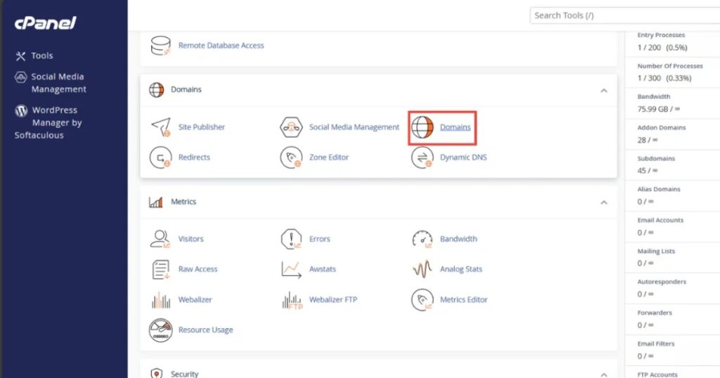 Vào giao diện cPanel tìm đến nhóm Domains