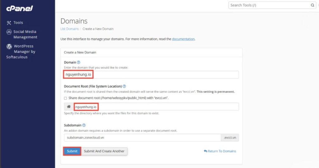 Điền thông tin của subdomain