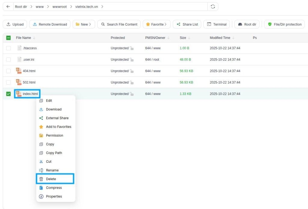Xóa tệp index.html