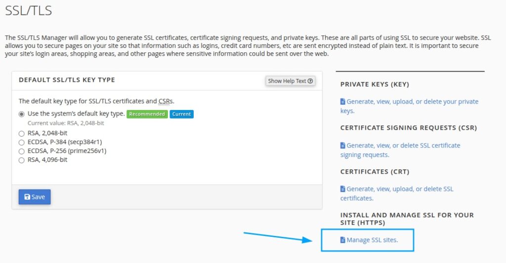 Truy cập Manage SSL Sites