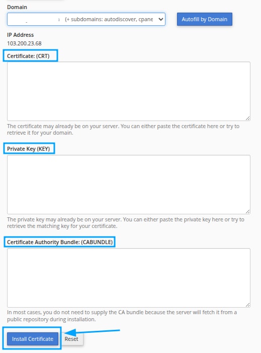 Điền thông tin chứng chỉ SSL