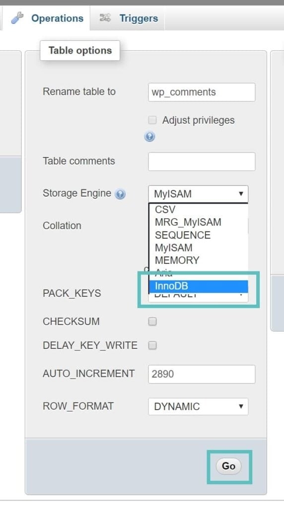 Sử dụng giao diện phpMyAdmin để chuyển đổi từng bảng