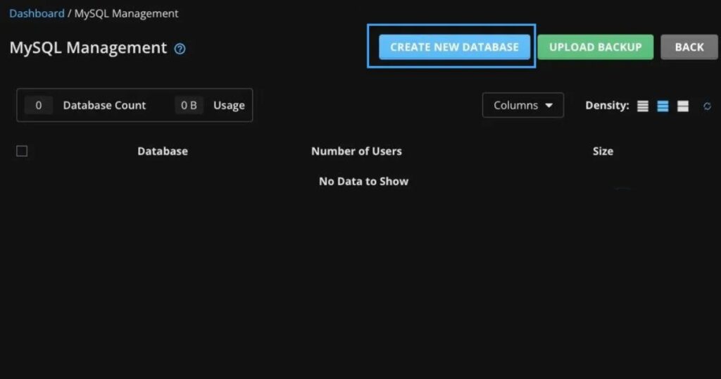 Sau đó, chọn Create New Database
