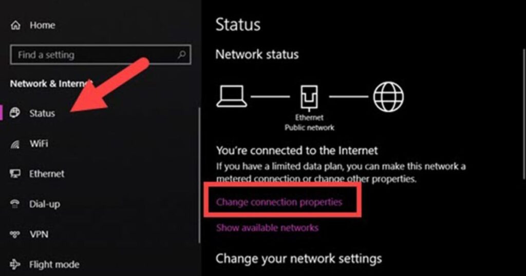 Tại mục Status, nhấn vào Change Connection Properties