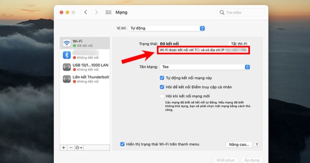 Địa chỉ IP sẽ xuất hiện ở dòng chữ nhỏ ở bên dưới dòng Trạng thái