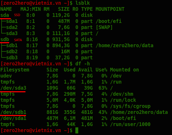 Bạn dùng lệnh lsblk hoặc df để liệt kê danh sách ổ cứng và partition