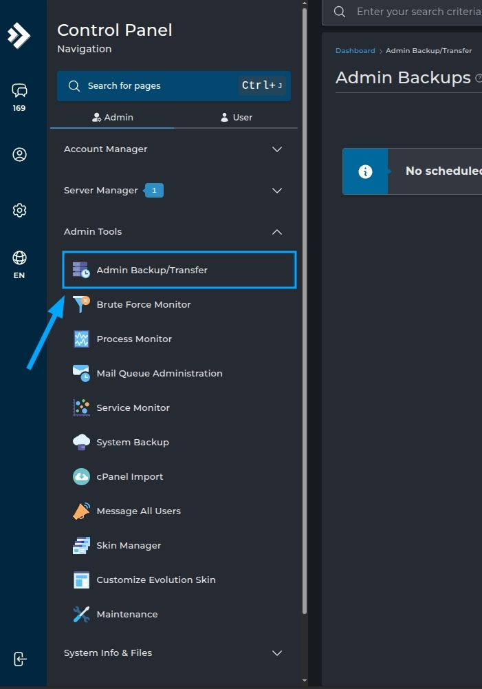 Trên giao diện quản trị, chọn mục Admin Backup/Transfer
