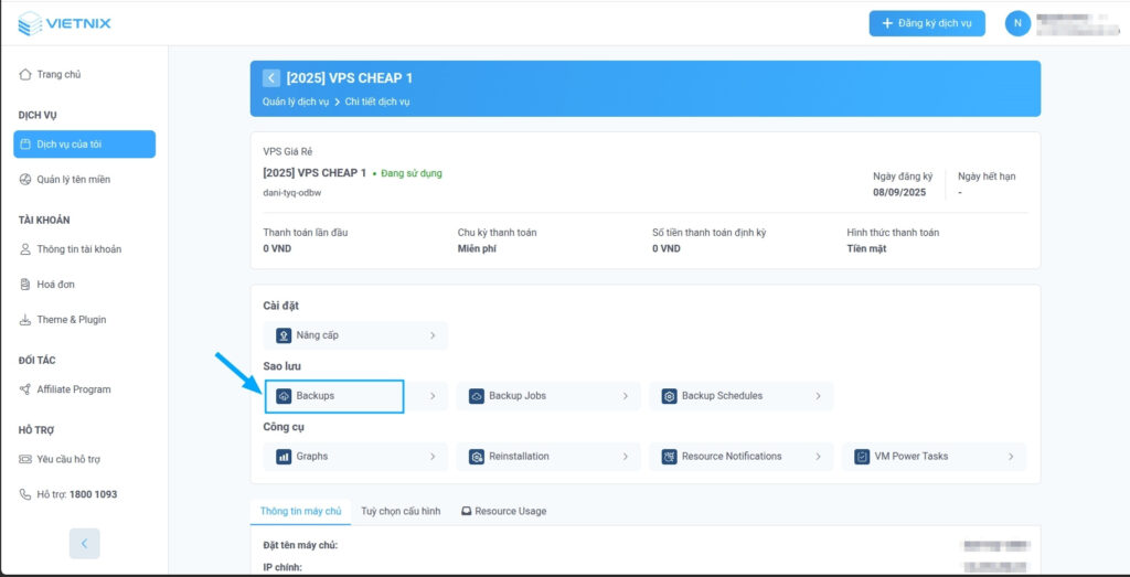 Chọn mục Backups trong giao diện quản trị