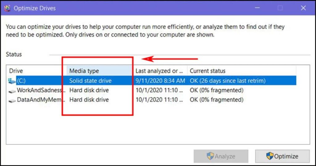 Cửa sổ Optimize drives hiện lên bạn kiểm tra ở cột Media type