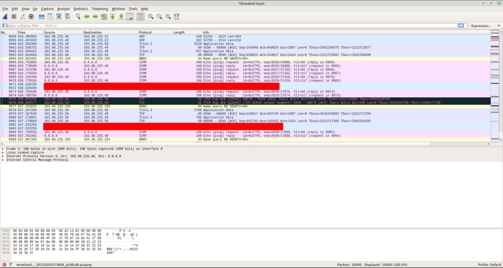 Cửa sổ Wireshark sẽ bật lên và bạn sẽ thấy các gói tin từ server xuất hiện trực tiếp.