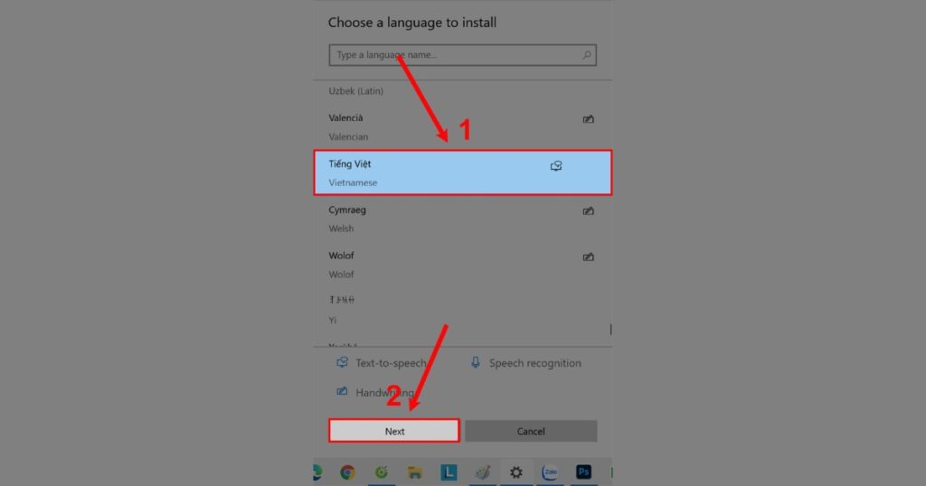 Trong cửa sổ hiện ra, bạn tìm kiếm Vietnamese