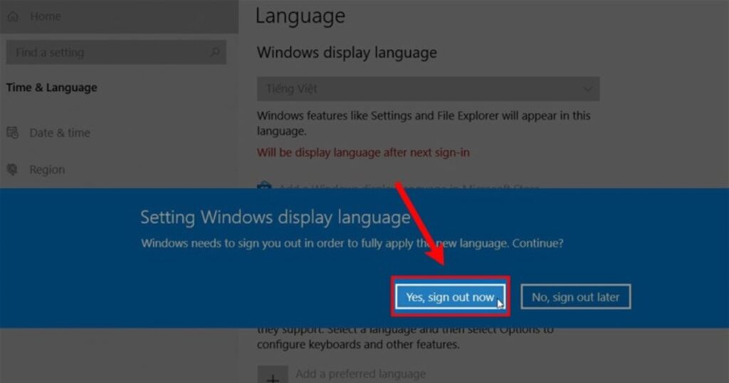 Hệ thống sẽ yêu cầu bạn đăng xuất (Sign out) để áp dụng