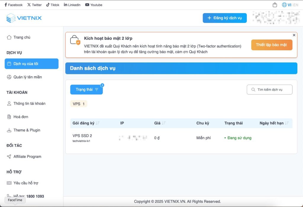 Điều hướng đến mục quản lý dịch vụ VPS