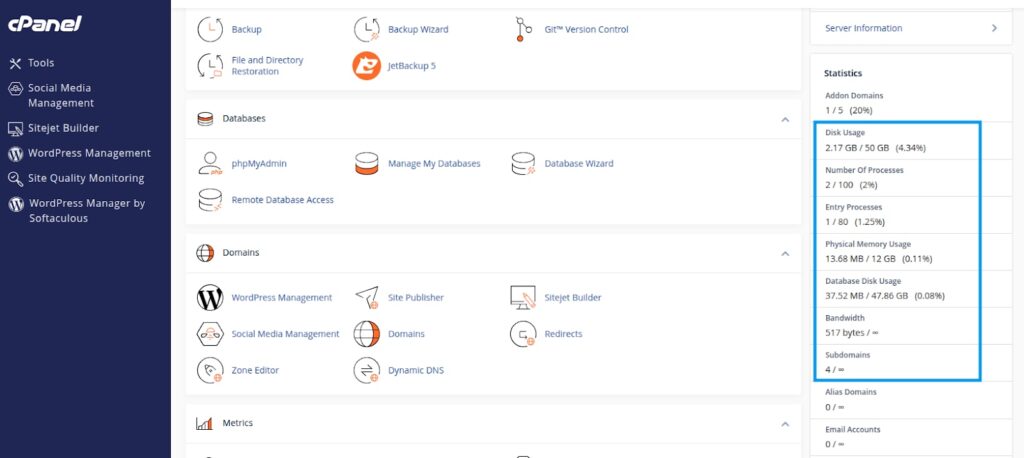 Kiểm tra dung lượng và tài nguyên Hosting qua cPanel