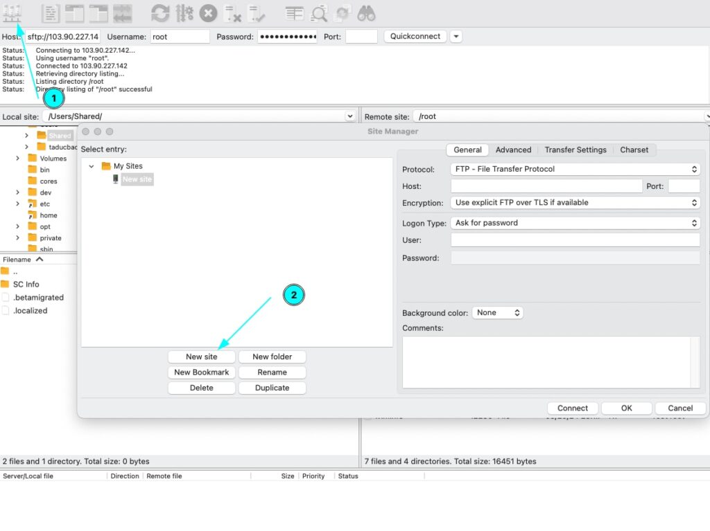 Vào File > Site Manager… rồi nhấn nút New site