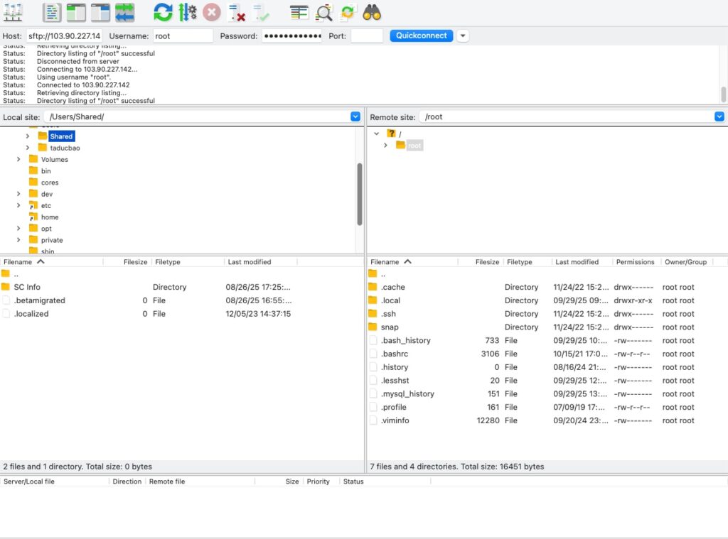 Sử dụng giao diện làm việc của FileZilla
