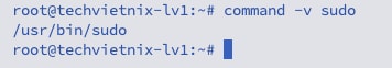 Hình minh họa kết quả kiểm tra sudo bằng lệnh command -v sudo trên terminal