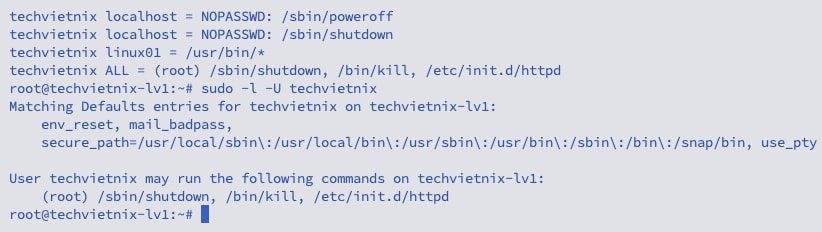 Hình minh họa kết quả kiểm tra quyền sudo của user bằng lệnh sudo -l -U user