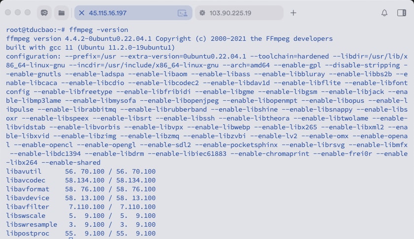 Kết quả kiểm tra phiên bản FFmpeg sau khi cài đặt bằng lệnh