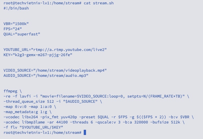 Nội dung file stream.sh chứa lệnh FFmpeg để cấu hình phát livestream tự động