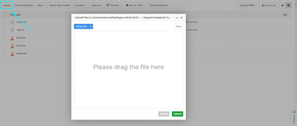 Bạn chọn nút Upload để bắt đầu quá trình tải tập tin source code lên máy chủ
