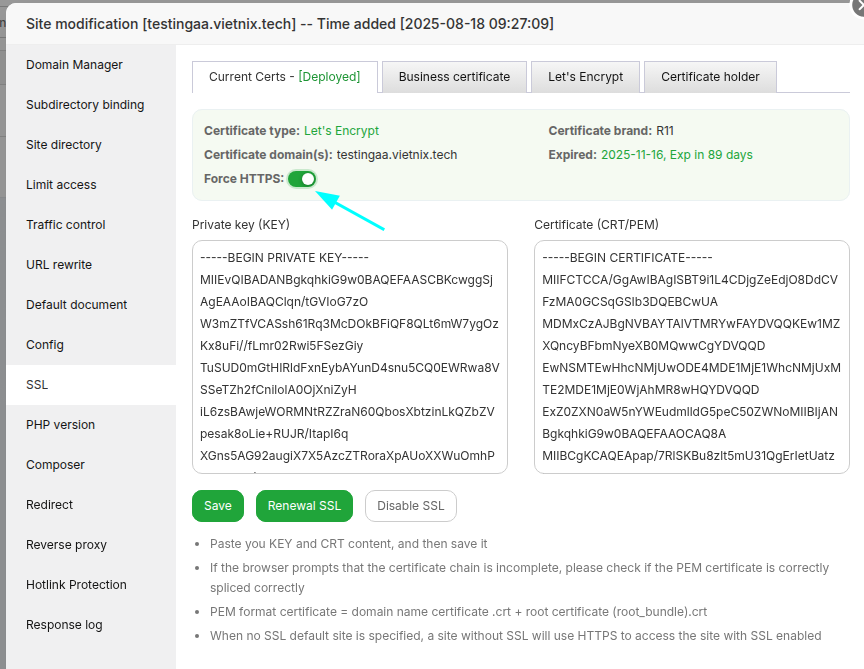 Bạn gạt bật tùy chọn Force HTTPS