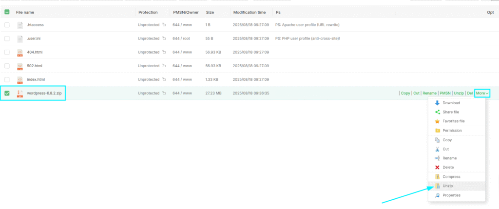Đánh dấu vào file vừa tải lên rồi nhấn Unzip để giải nén source code