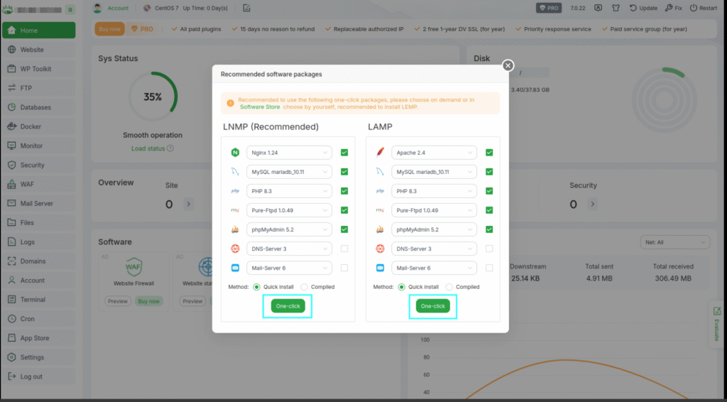 aaPanel sẽ hiện một cửa sổ pop-up gợi ý cài đặt bộ webserver
