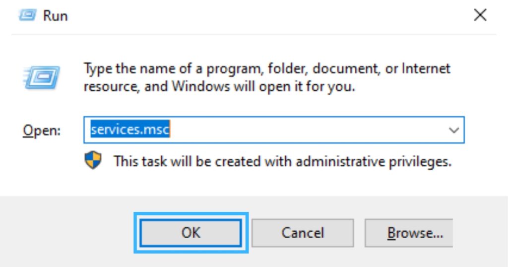 Bạn gõ lệnh services.msc và nhấn OK