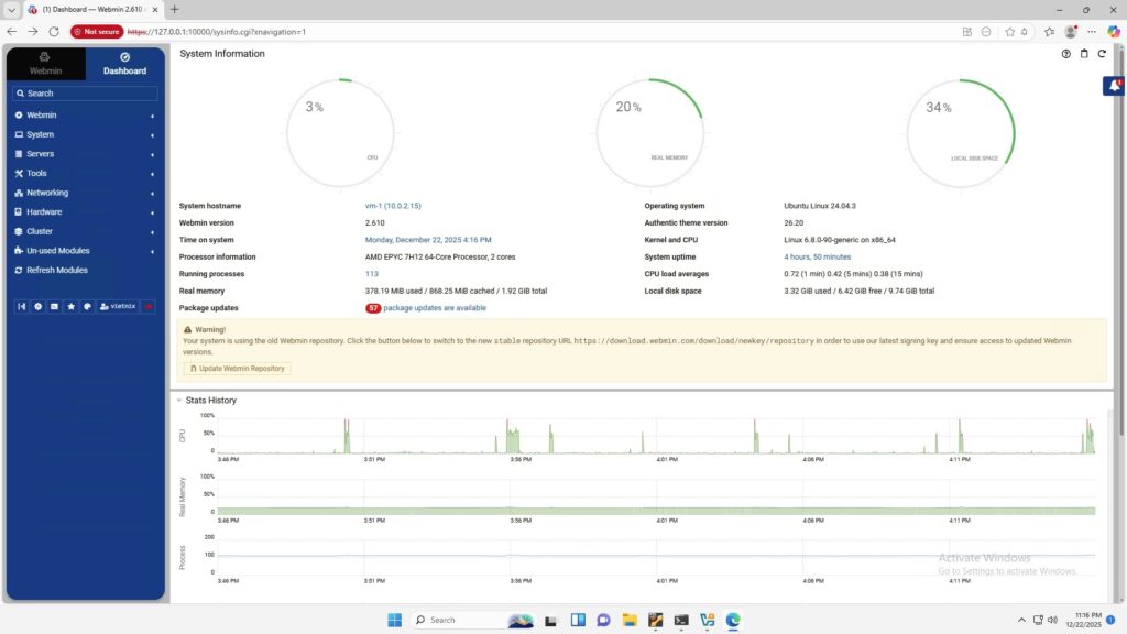 Giao diện webmin sau khi đăng nhập thành công